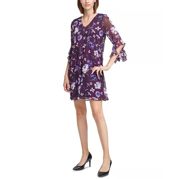Calvin Klein Dresses & Skirts - Calvin Klein Floral Print Long bell Sleeve mini Dress 6 purple romantic ruffle